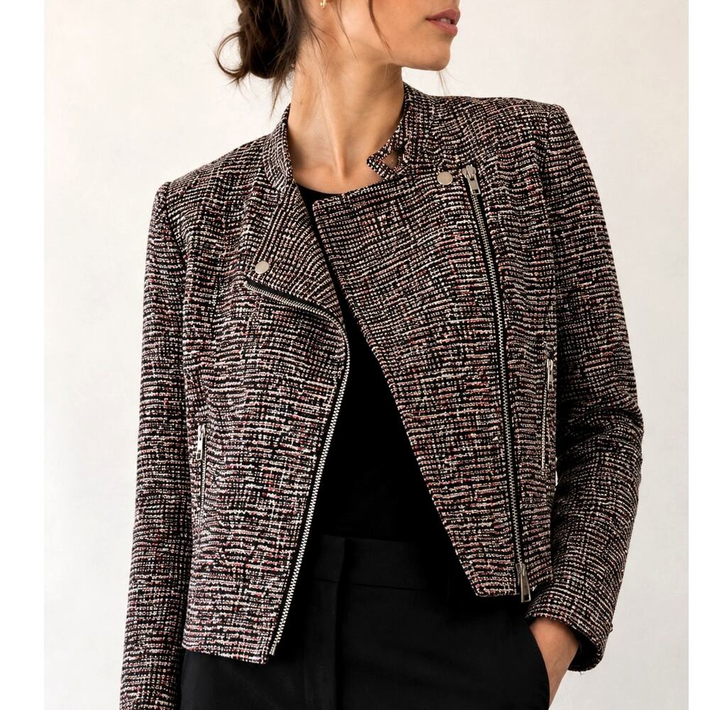 Theory Tweed Moto Jacket Black Pink Cream Asymmetrical Zip Cropped-Size 6 / Med
